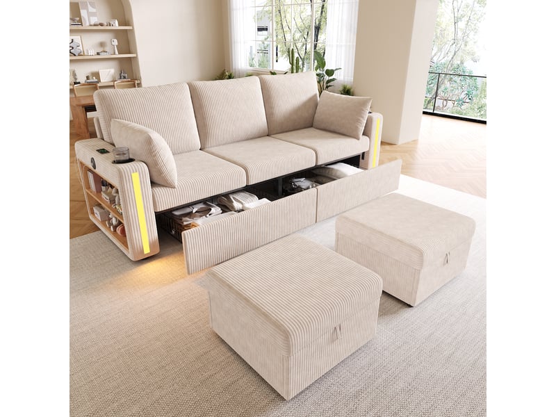 Canapé d’angle modulable ul 190 x 130 x 85 cm avec 2 poufs coffre, led connectée, usbtype-c, rangement intégré, velours côtelé - beige - Conforama C