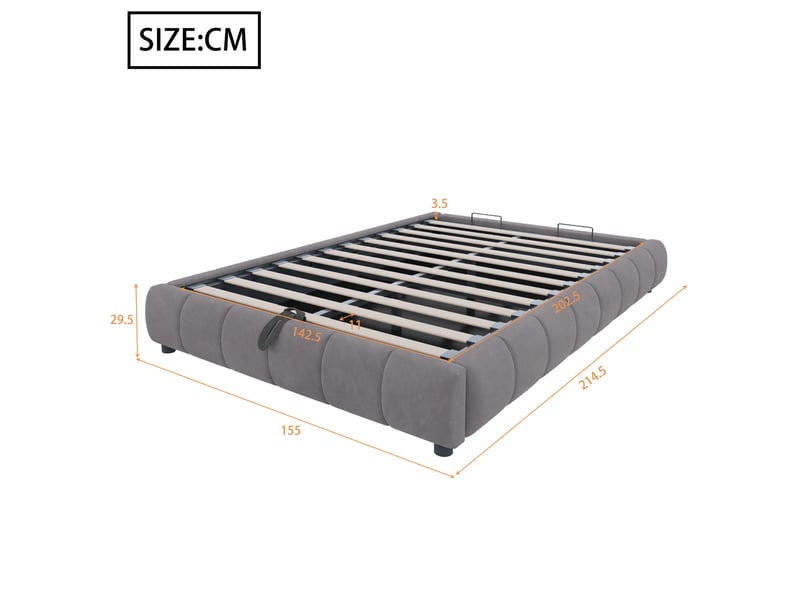  Lit capitonné 140 x 200 cm gris, sans tête de lit, sommier hydraulique multifonctionnel avec rangement et led  - Conforama B