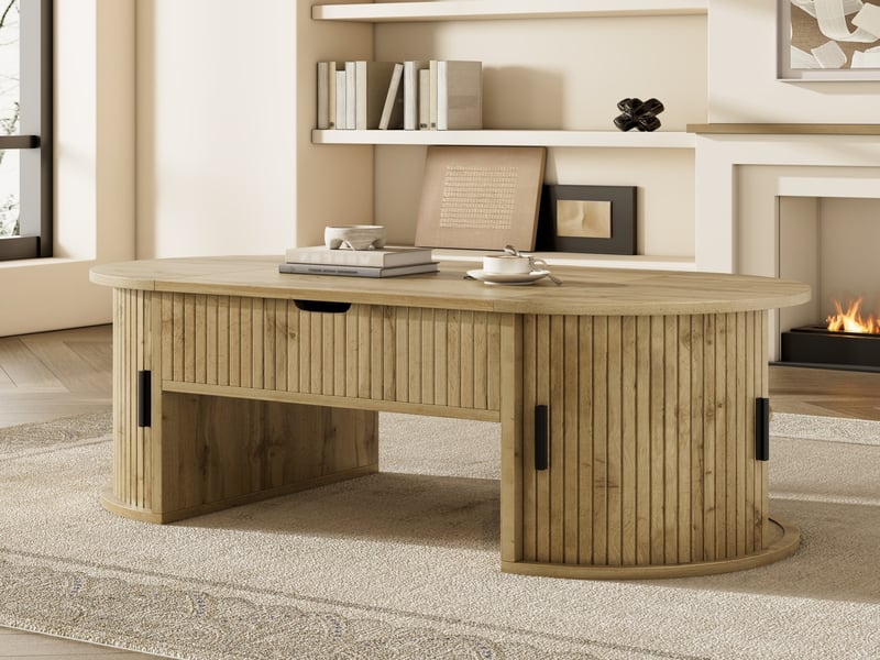  Table basse relevable ovale en mdf couleur chêne avec rangement caché et portes coulissantes 100x50x40.5cm  - Conforama C