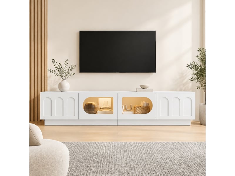  Meuble tv 4 portes led réglable par application - lpospi - verre ovale, passe-câbles mdf blanc 200 × 40 × 42 cm  - Conforama B