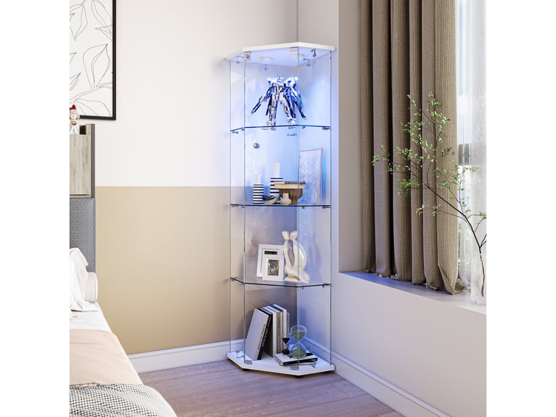  Vitrine d'angle pentagonale, porte simple, 4 étagères verre trempé, lampe tactile, serrure, blanc  - Conforama D