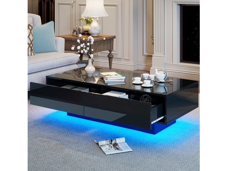  Table basse moderne 115 x 55 x 34 cm 2 tiroirs del intégrée capacité 30 kg finition laquée panneau de particules noir  - Conforama B