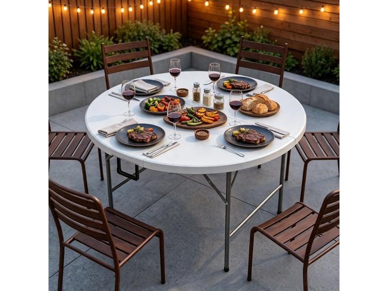  Table de jardin ronde ulevr pliante pour 6 personnes, ø 122 cm, plateau en hdpe recyclé, structure en acier, blanc et gris  - Conforama D
