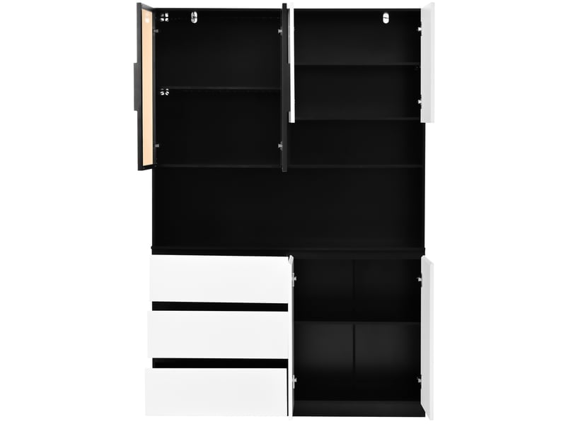  Buffet de cuisine 120,5x40x180 cm blanc noir en panneau de particules et verre, 3 tiroirs, 6 portes, led  - Conforama D