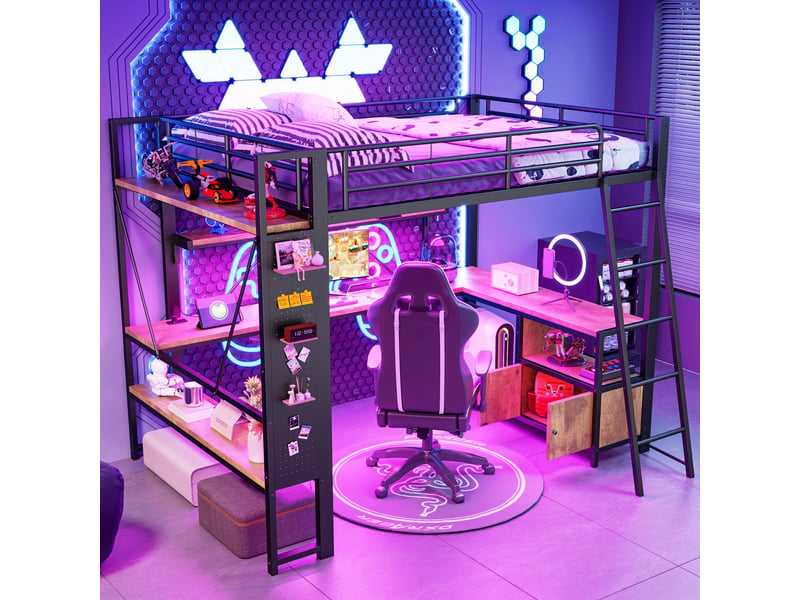  Lit mezzanine 140 x 200 cm, structure métal, led, bureau, étagères, panneau perforé, usb, sans matelas, noir  - Conforama C