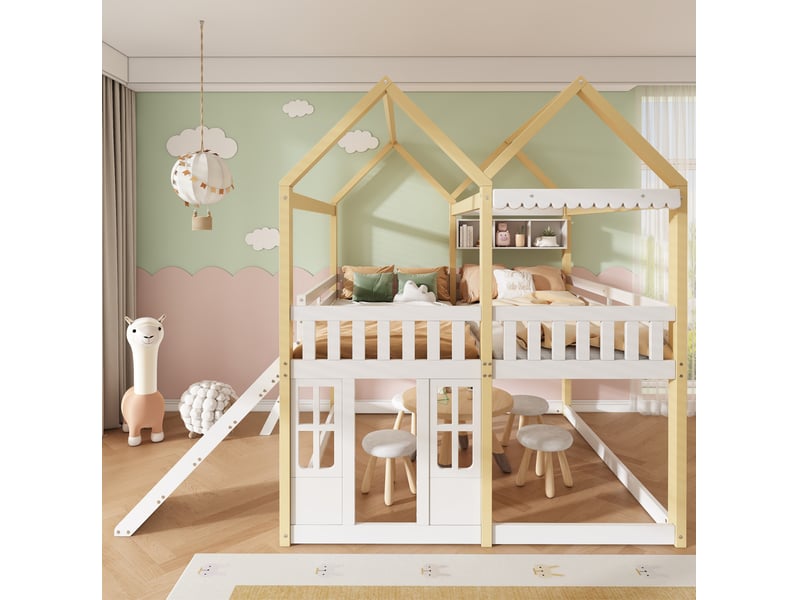  Lit mezzanine enfant 90x200 cm, toboggan et échelle réversibles, forme maison, bois et mdf, blanc et naturel, sans matelas  - Conforama E