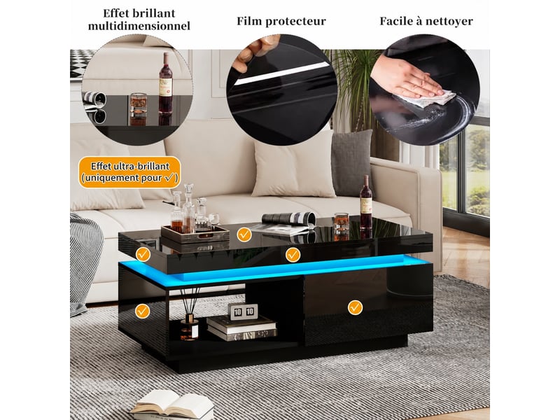  Ensemble meuble tv mural et table basse noir brillant avec led, meuble tv 181 cm pour écran jusqu’à 80 pouces, noir  - Conforama E