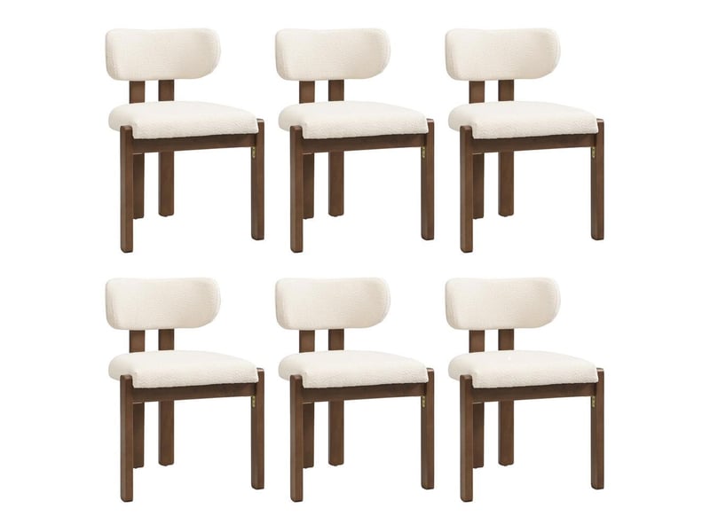 6 chaises de salle à manger bois massif confortables respirantes adaptées salles à manger salons cafés style moderne tissu bouclé couleur noyer  - Conforama A