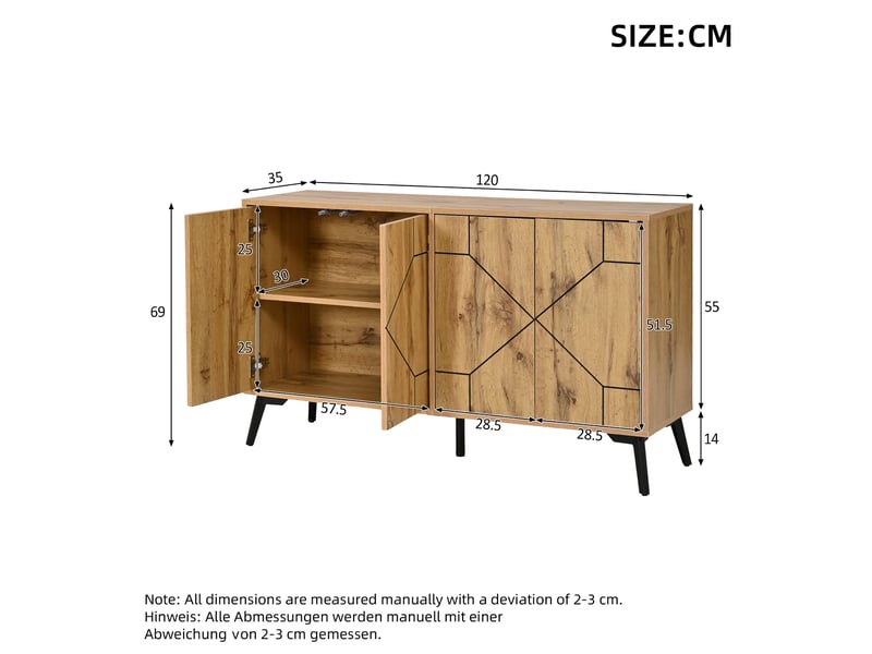 Buffet 4 portes à ouverture par pression avec rangement pour salon en mdf 120×35×69 cm décor chêne - Conforama E