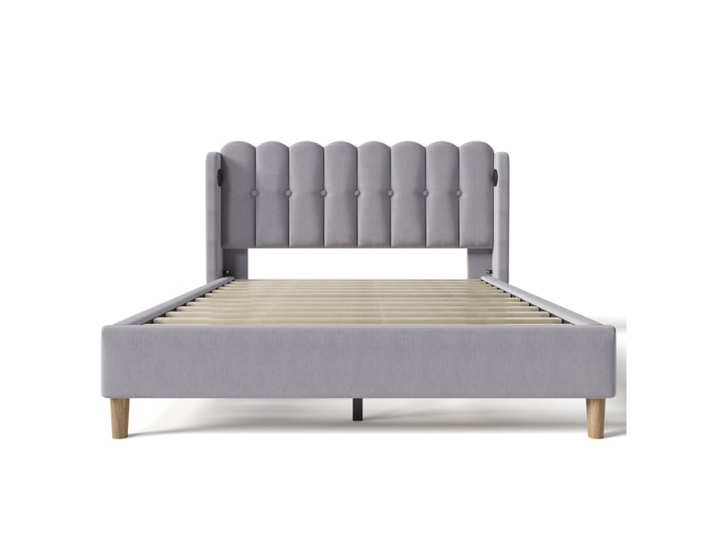  Lit double 180x200 cm, lin gris, avec tête de lit grillagée et ports usbtype-c, sans matelas  - Conforama A
