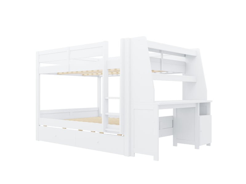 Lit superposé enfant 140x200 cm – blanc – bureau intégré, rangement latéral et 2 tiroirs - sans matelas - Conforama D