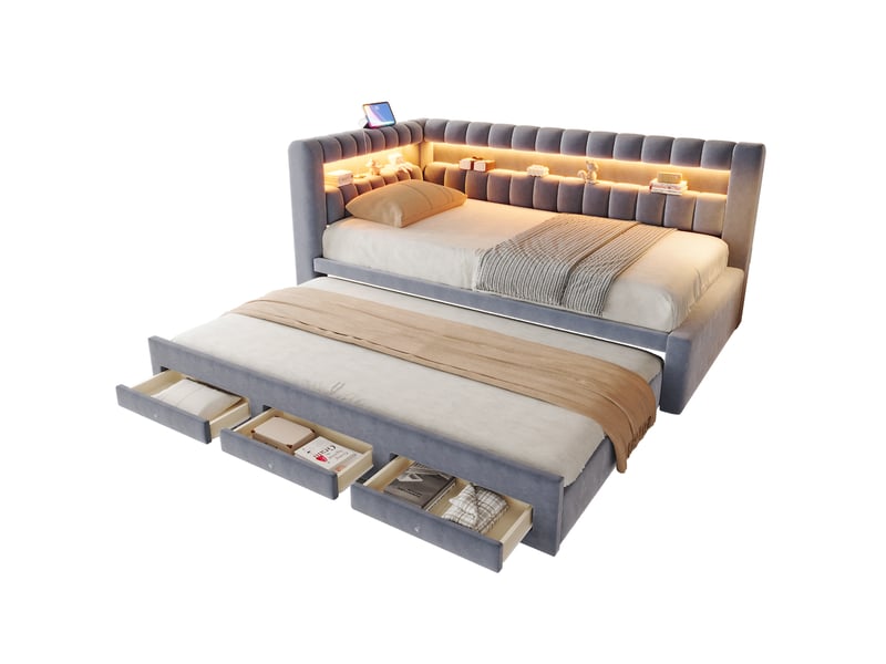 Lit banquette 90x190 cm avec lit gigogne, rangements, led et usb, velours gris foncé, sans matelas - Conforama A