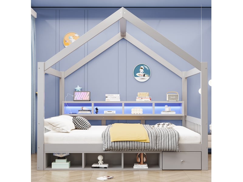  Lit cabane 140x200 cm, lit enfant avec rangements, led et prise, gris, sans matelas  - Conforama W