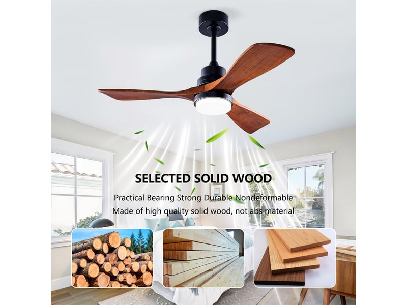 Ventilateur de plafond 107 cm éclairage led 3 couleurs dimmable bois massif noir et noyer foncé réversible télécommande silencieux - Conforama D