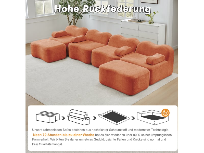  Canapé modulable en u 4 places en velours orange avec 2 ottomans, mousse 32d et forme ondulée pour le salon  - Conforama D
