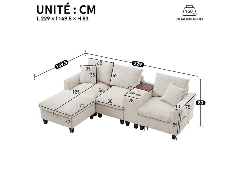  Canapé d'angle en velours côtelé beige 4 places - modulable avec port usb et pouf de rangement  - Conforama C