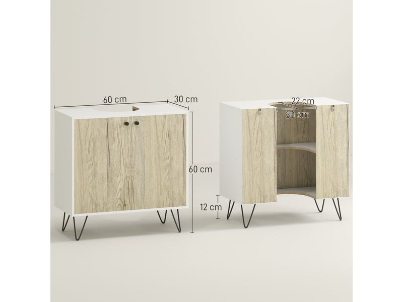  Meuble sous lavabo, meuble de salle de bain avec 2 portes, pieds en acier, 60 x 30 x 60 cm, blanc et bois naturel  - Conforama E