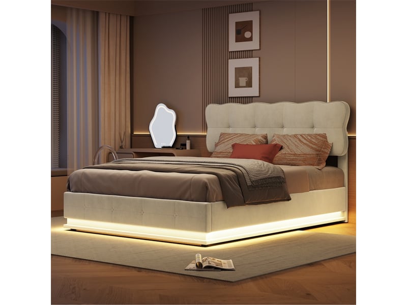 Lit 140x200cm - lit coffre 140x200cm - tête de lit de rangement led et sommier relevable - velours beige - Conforama C