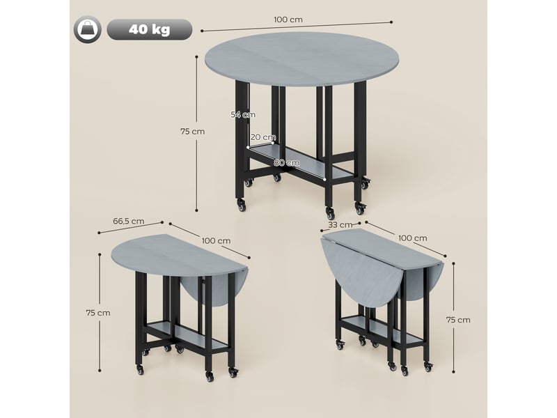 Table de salle à manger pliante à roulettes avec étagère ouverte, idéale pour les petits espaces, gris ciment - Conforama E