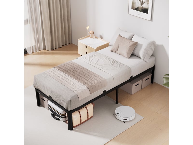 Lit 90x200 cm, cadre de lit métallique, lit 1 personne, grande capacité de rangement sous le lit, structure robuste et silencieuse, antidérapant, charge maximale 300 kg, noir - Conforama B