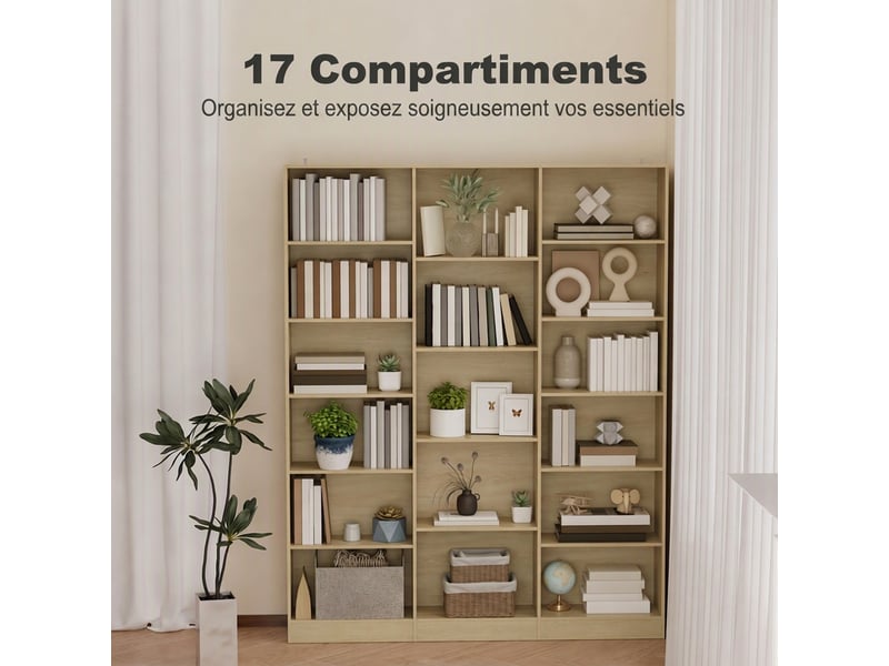  Bibliothèque 6 niveaux, étagère de rangement avec 17 compartiments et étagères réglables, 149 x 23,6 x 188 cm, chêne  - Conforama D