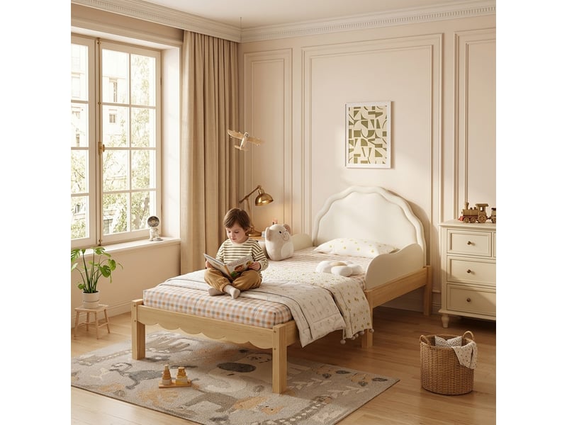  Lit enfant bois avec sommier à lattes, tête de lit rembourrée beige et naturel, 90 x 200 cm  - Conforama R