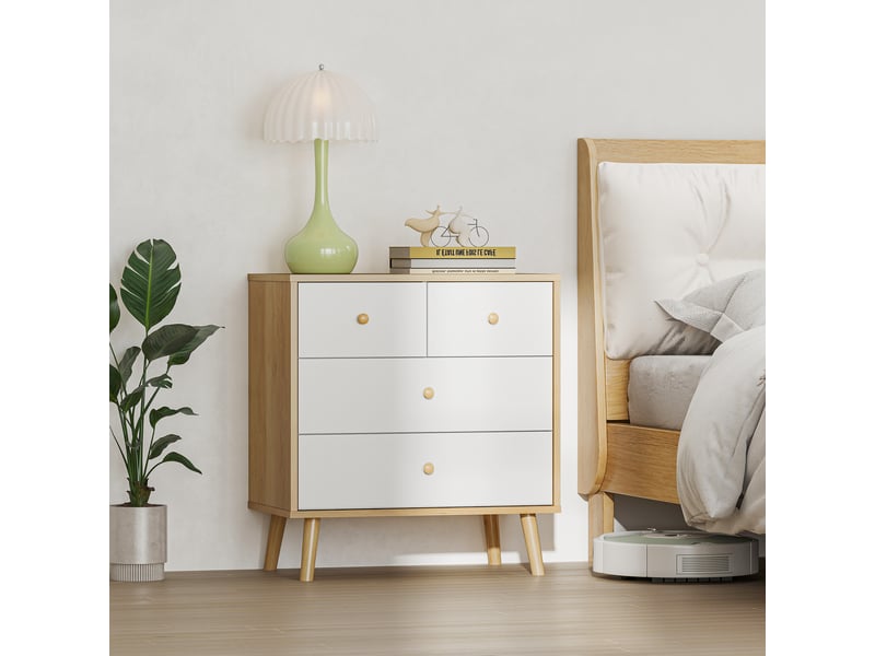  Commode à 4 tiroirs, finition élégante et grand espace de rangement, 60 x 35 x 65 cm, chêne et blanc  - Conforama C