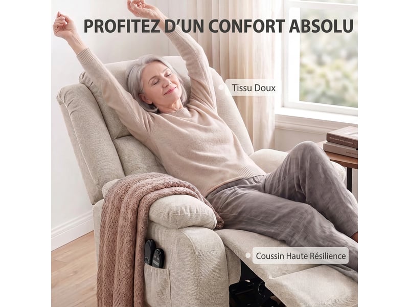  Fauteuil releveur électrique, massage et chauffage, repose-pieds, dossier inclinable, 93x104x100cm, télécommande, beige  - Conforama R