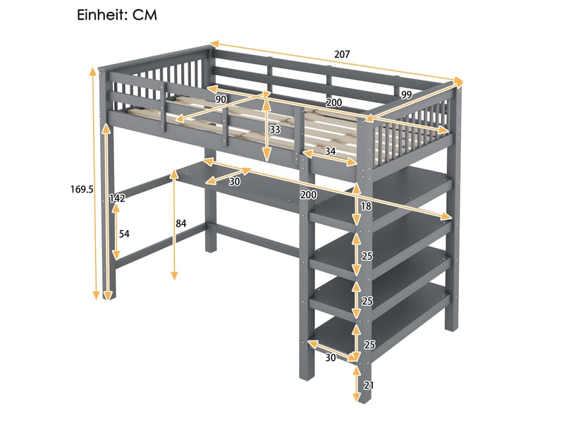 Lit mezzanine enfant avec bureau et étagères, lit mezzanine 90x200 gris en bois massif, lit mezzanine sans matelas, 207x99x169.5cm.  - Conforama C