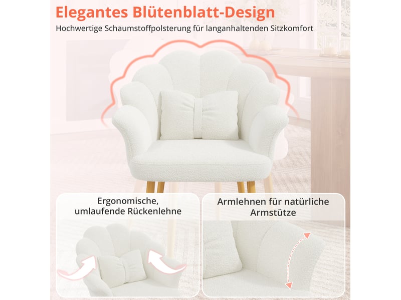  Chaise 64x65,5x85 cm avec dossier en forme de pétales, blanc et pieds dorés  - Conforama D