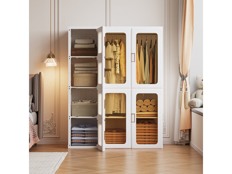  Armoire pliable 12 compartiments - 104x50x136cm - penderie modulaire 8 portes 2 zones suspendues avec portes magnétiques - blanc  - Conforama C