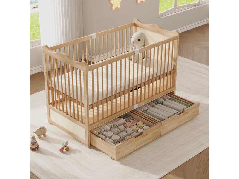  Lit bébé 1 place 70×140 cm, 2 tiroirs, réglable sur 4 hauteurs - okmyhome- pin massif naturel, sans matelas  - Conforama C