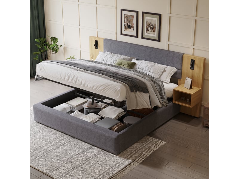  Lit double 160x200 cm avec rangement hydraulique, 2 tables de chevet, éclairage et ports usb, velours gris, sommier à lattes inclus  - Conforama C