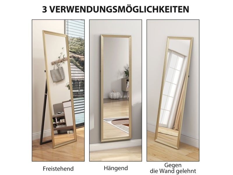 Miroir pleine longueur 160 x 50 cm doré, verre trempé, fixation murale ou pose libre, style chic précieux - Conforama E