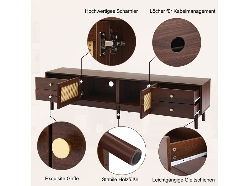  Meuble tv contemporain 180 cm bois foncé - 2 portes, rotin, 4 tiroirs, gestion câbles, charnières hydrauliques  - Conforama D