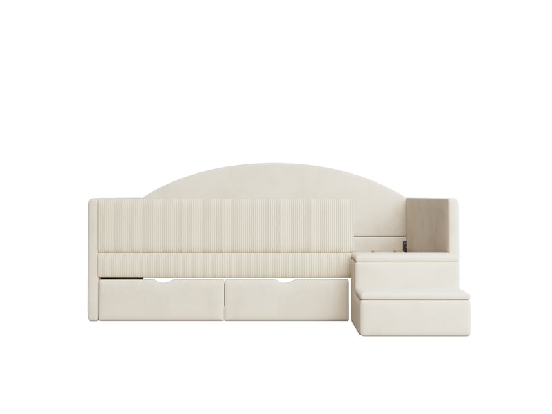 Lit coffre capitonné 90x190 cm beige velours avec deux tiroirs et barrières de sécurité sans matelas Sol Morn - Conforama A