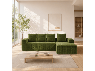 Canapé d’angle modulable 261 x 168 cm avec méridienne gauche, assise profonde, velours côtelé, sans montage, vert