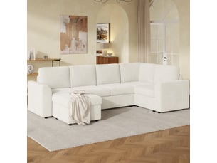 Canapé d'angle droit convertible 6 places Velours côtelé beige avec coffre de rangement