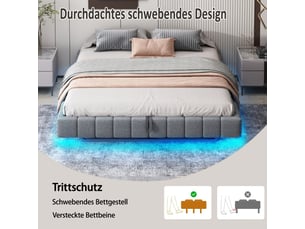 Lit adulte coffre rangement 160 x 200 cm, lit double rembourré gris sans tête de lit, led, ouverture hydraulique