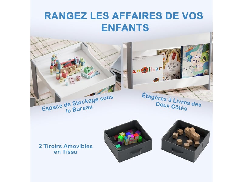 Costway 4 en 1 table enfant avec 2 chaises en tissu et bibliothèques, plateaux réversibles double face (gris)  - Conforama B