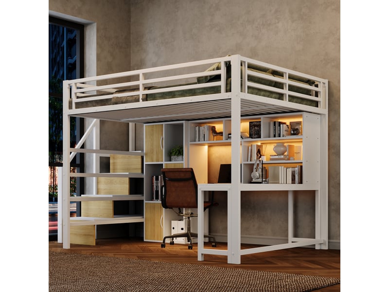  Lit mezzanine 140x200cm avec échelle de rangement, niche ouverte et ruban led, sans matelas, structure robuste en métal blanc evarich - Conforama E