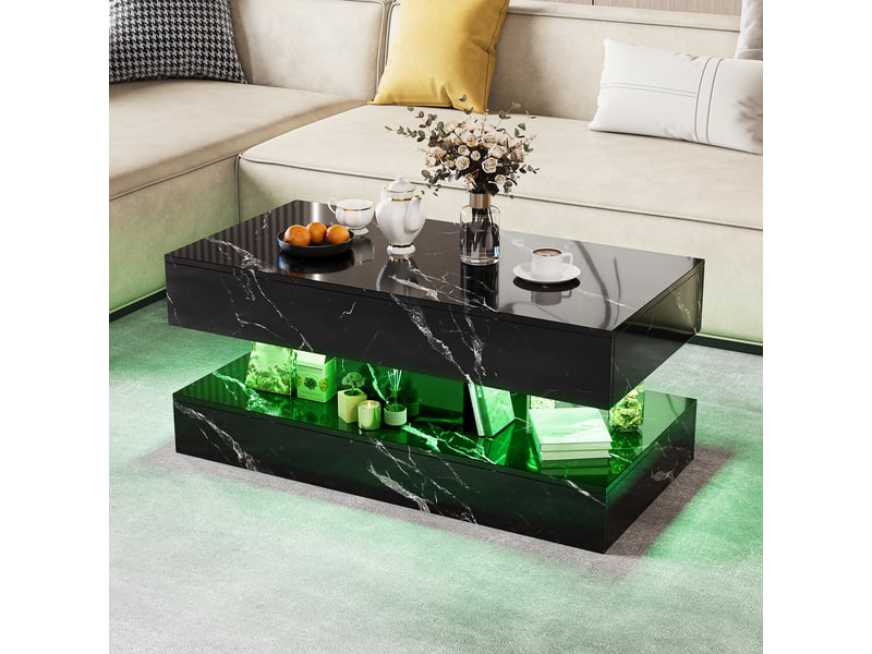  Table basse marbre noir –table basse rectangulaire  - éclairage led  – rangement double – 100×50×45 cm  - Conforama D