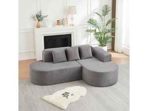 Canapé d'angle 220x155cm en velours côtelé gris, design courbe avec coussins inclus, structure mousse et ressorts pour salon moderne