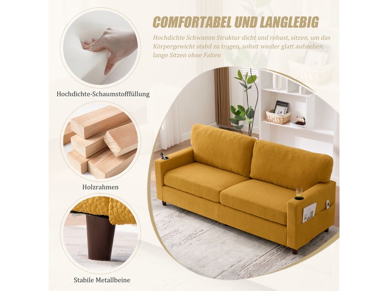  Canapé 2 places en chenille moutarde avec usb-c et led d'ambiance, structure bois et métal  - Conforama D