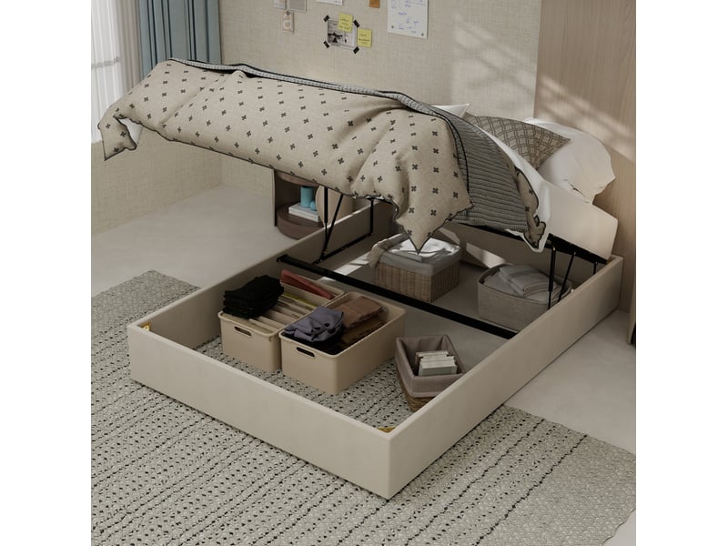  Sommier coffre 160x200 cm, velours, beige, sans matelas  - Conforama E