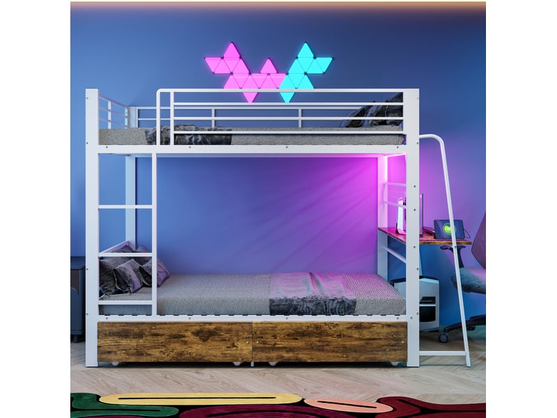  Lit superposé 90x200 cm avec bureau, éclairage led et tiroir de rangement en mdf et métal blanc sans matelas  - Conforama D