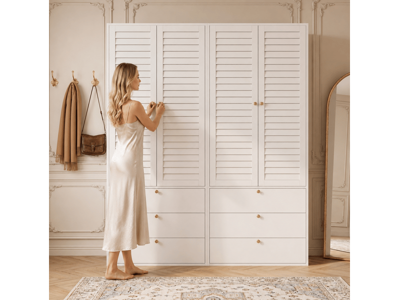 Armoire 4 portes avec 6 tiroirs 180x50x200 cm en panneau de particules blanc - Conforama W