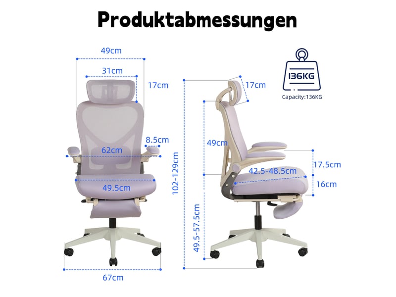  Fauteuil de bureau ergonomique 62 x 48,5 cm – violet – pliable, têtière 3d et soutien lombaire réglable  - Conforama C