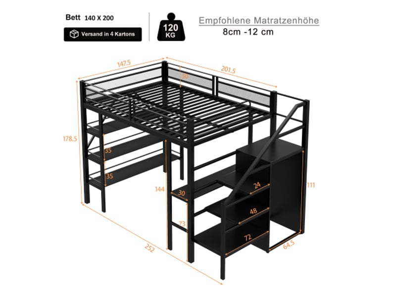  Lit mezzanine 140x200 cm coloris noir métal lit enfant noir - Conforama C