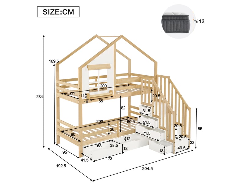  Lit superposé 90×200 cm avec tiroirs, fenêtres et escalier de rangement avec rampes, forme de maison adapté aux enfants et adolescents, blanc et naturel  - Conforama W